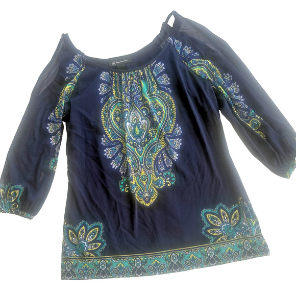 INC INTERNATIONAL CONCEPTS Women's MEDIUM Cold Shoulder Blouse Boho Rhinestones - Picture 1 of 7